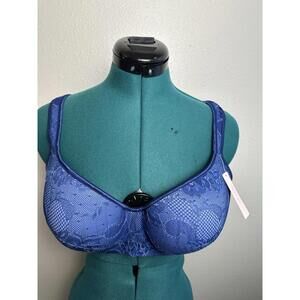Cacique Balconette 40DD Bra Blue Floral T-Shirt Lightly Lined Underwire Lace
